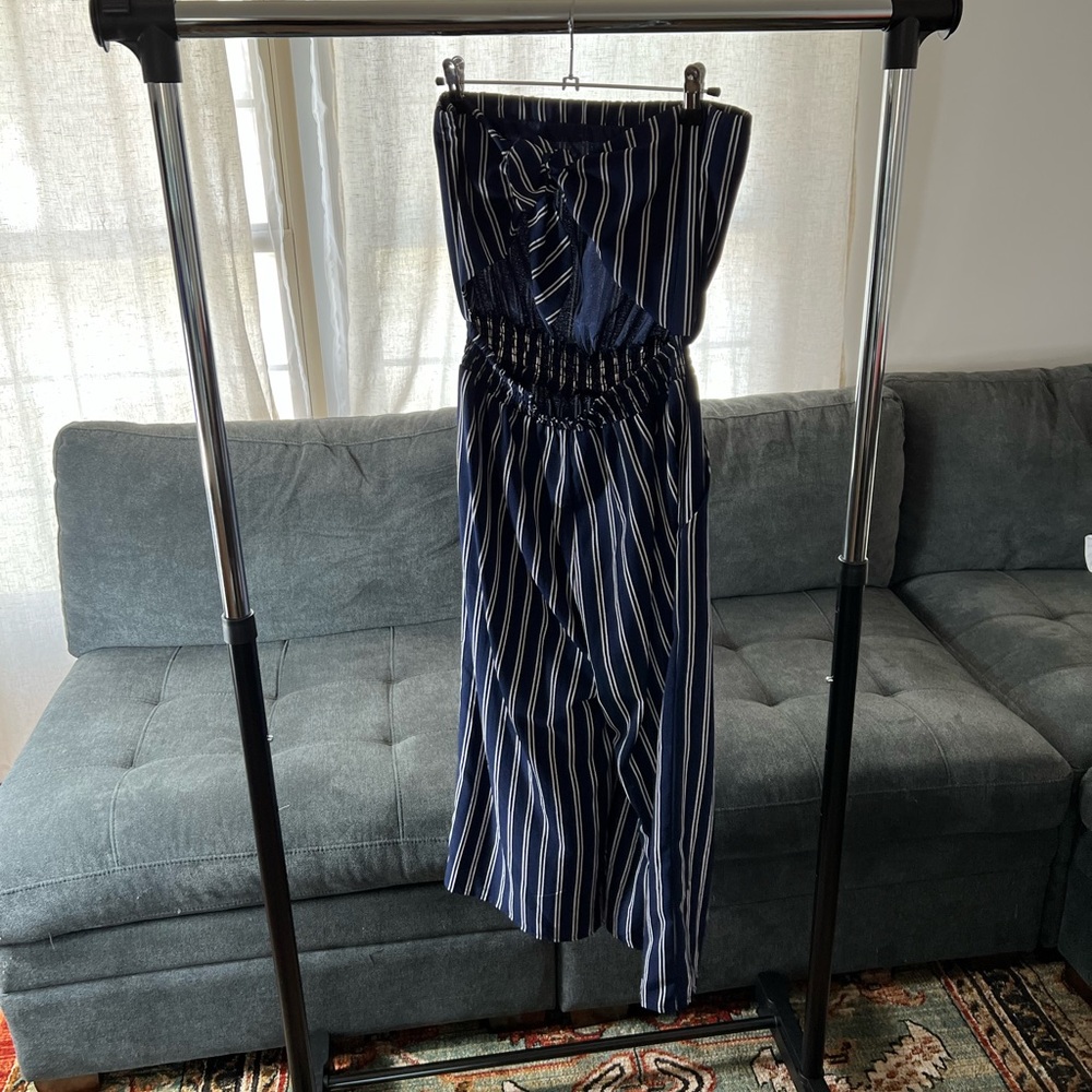 Lulus Saltwater and Sun Navy Blue Striped Strapless Midi Jumpsuit - Picture 3 of 8